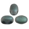 Three greenish-blue 2-hole glass beads on a white background
