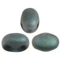 Three greenish-blue 2-hole glass beads on a white background