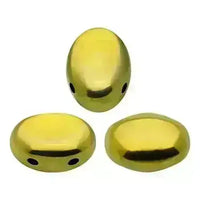 Three gold-colored 2-hole beads on a white background