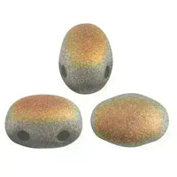 Three metallic 2-hol beads with a reflective surface on a white background