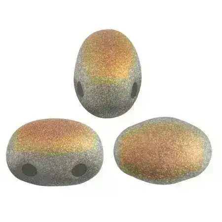 Three metallic 2-hol beads with a reflective surface on a white background