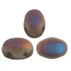 Three metallic 2-hole beads with a rainbow-like color pattern on a white background