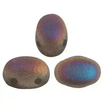 Three metallic 2-hole beads with a rainbow-like color pattern on a white background