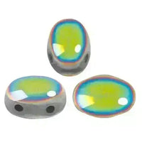 Three iridescent 2-hole beads with rainbow-like color patterns on a white background