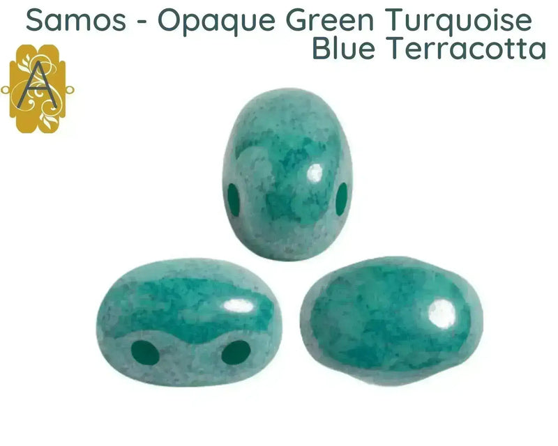 Three green turquoise 2-hole beads with 'Argus' logo on a white background
