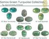 Collection of Samos Green Turquoise 2-hole beads with labels on a white background