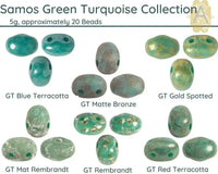 Collection of Samos Green Turquoise 2-hole beads with labels on a white background