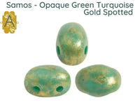 Three green and gold spotted 2-hole beads on a white background with text 'Samos - Opaque Green Turquoise Gold Spotted'.