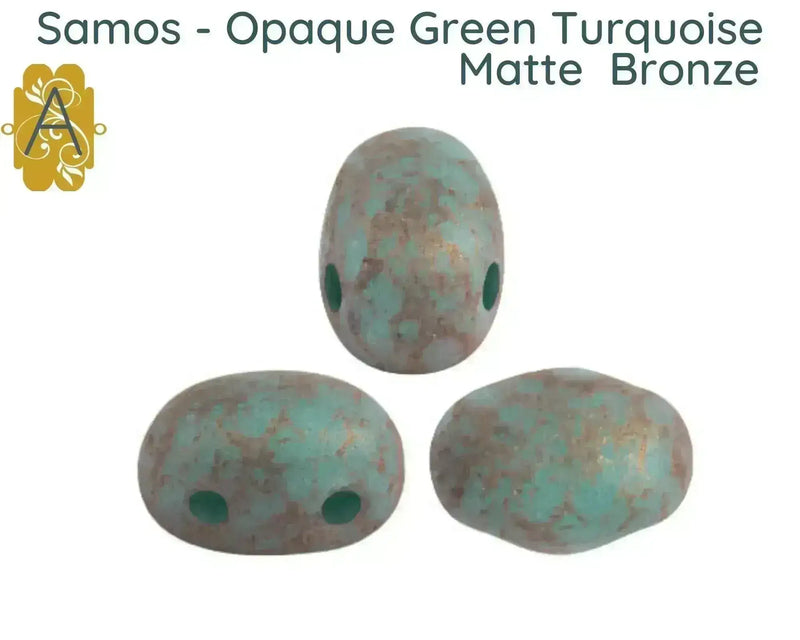 Three metallic 2-hole beads with a textured surface on a white background, labeled 'Samos - Opaque Green Turquoise Matte Bronze'.