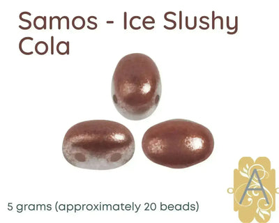 Three metallic brown 2-hole beads with 'Samos - Ice Slushy Cola' text and a logo on a white background.