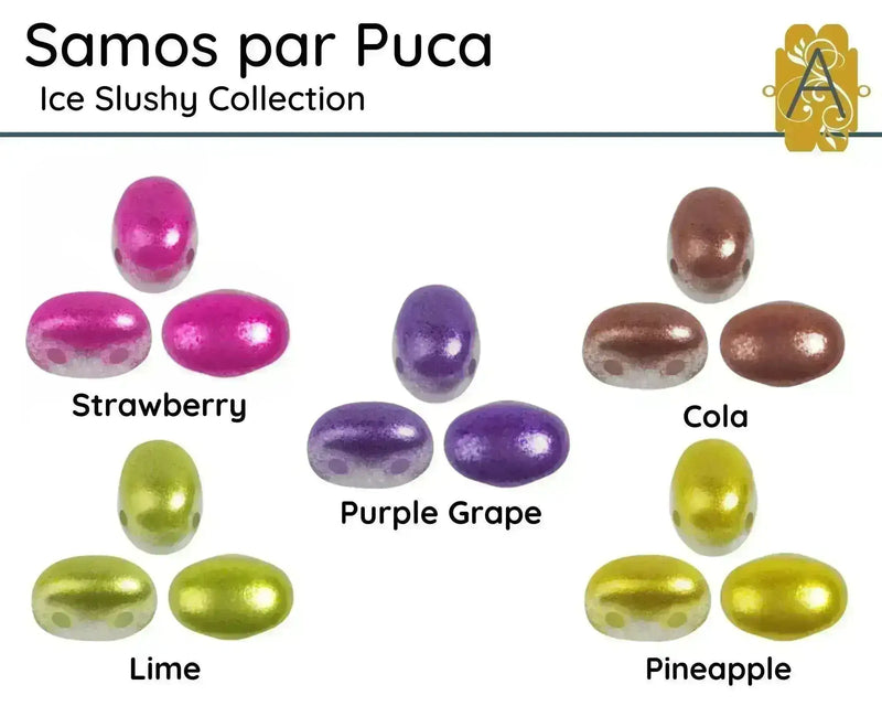 Color swatches for 'Samos par Puca' 2-hole beads, Ice Slushy Collection with labels for Strawberry, Cola, Purple Grape, Lime, and Pineapple.