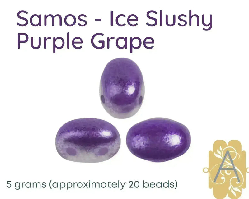 Purple 2-hole beads labeled 'Samos - Ice Slushy Purple Grape' with a weight and quantity label on a white background.