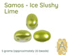Green metallic 2-hole beads labeled 'Samos - Ice Slushy Lime' on a white background