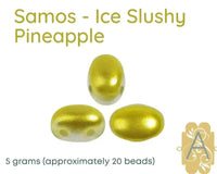 Gold-colored 2-hole beads with white centers on a white background, labeled 'Samos - Ice Slushy Pineapple'.