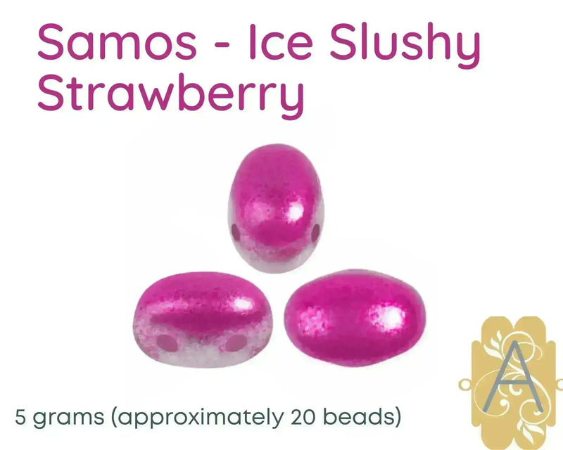 Pink and white 2-hole beads labeled 'Samos - Ice Slushy Strawberry' on a white background
