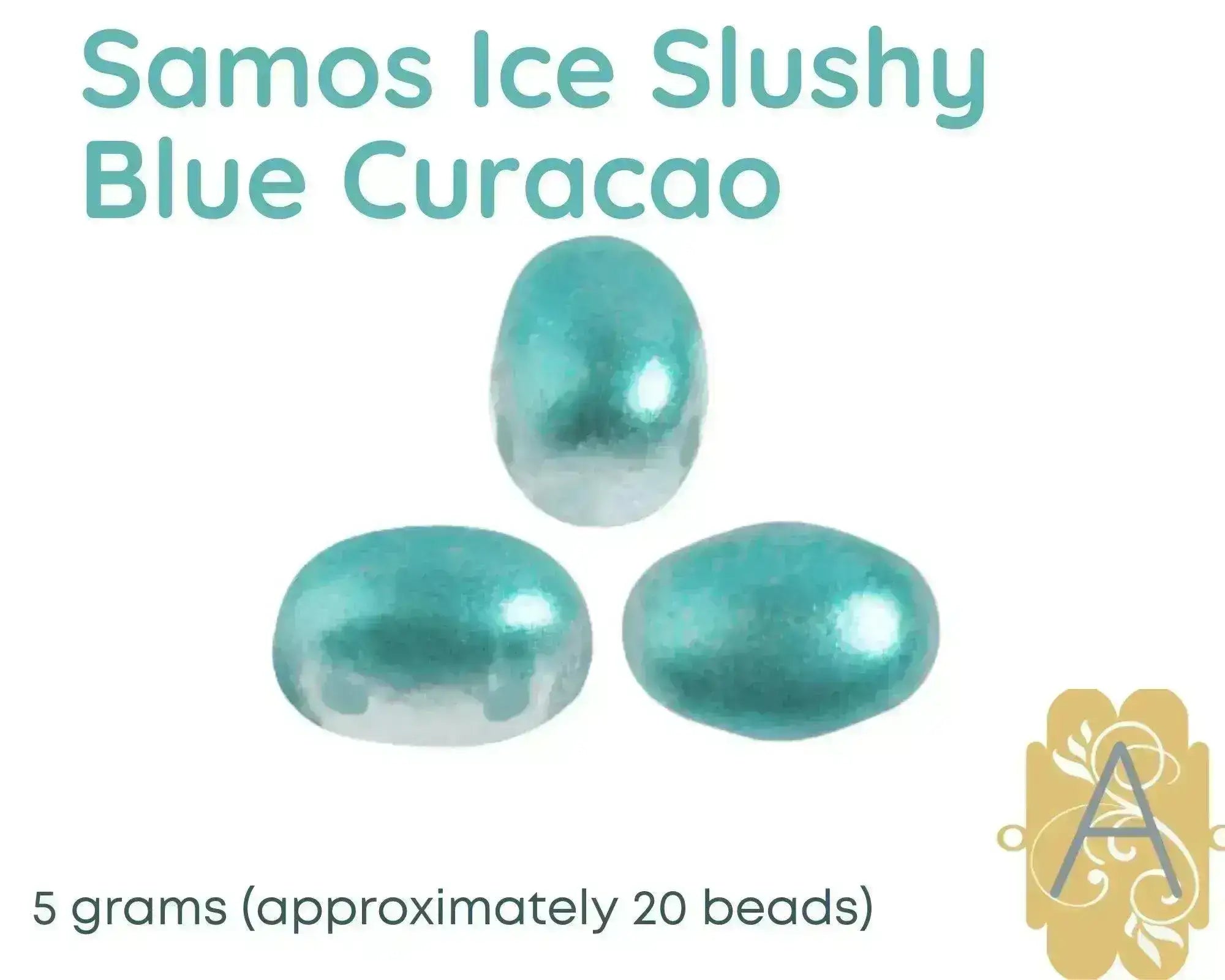 Turquoise-colored 2-hole beads with text indicating 'Samos Ice Slushy Blue Curacao' and weight information on a white background.