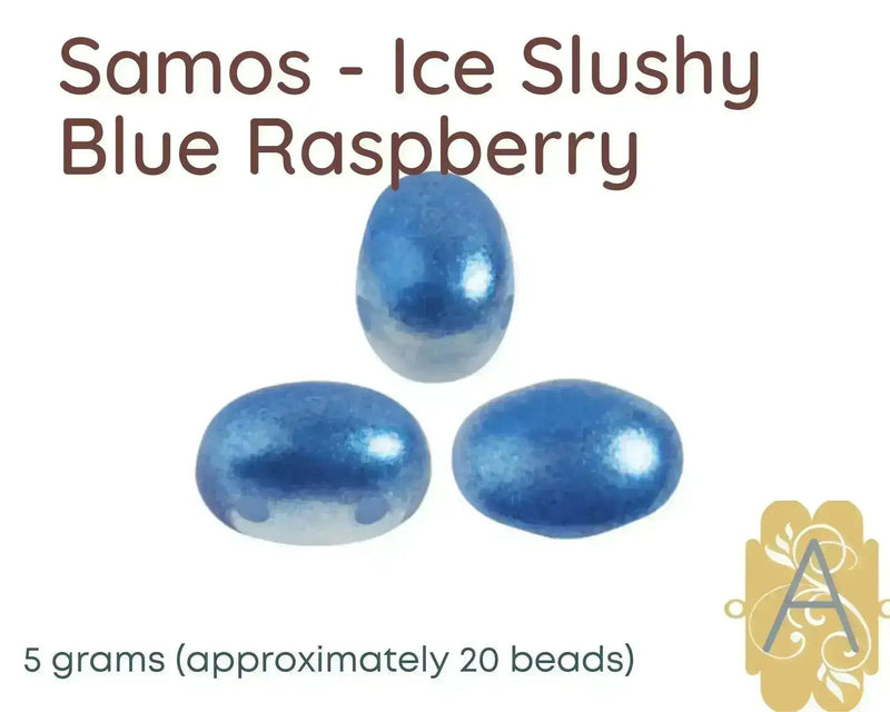 Blue 2-hole beads labeled 'Samos - Ice Slushy Blue Raspberry' with a weight and quantity label on a white background.