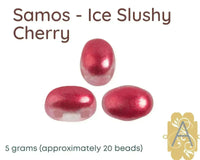 Red metallic 2-hole beads labeled 'Samos - Ice Slushy Cherry' on a white background