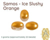 Three gold-colored 2-hole beads labeled 'Samos - Ice Slushy Orange' on a white background.