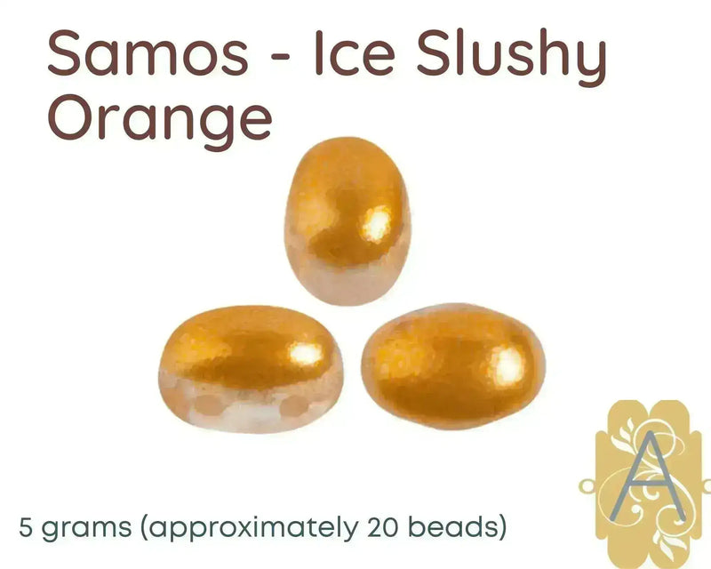 Three gold-colored 2-hole beads labeled 'Samos - Ice Slushy Orange' on a white background.