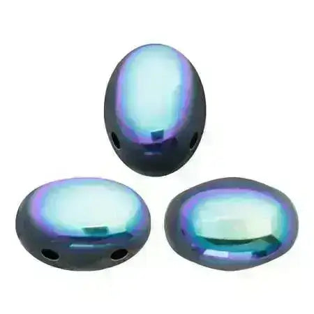 Three metallic 2-hole beads with a reflective, iridescent surface on a white background