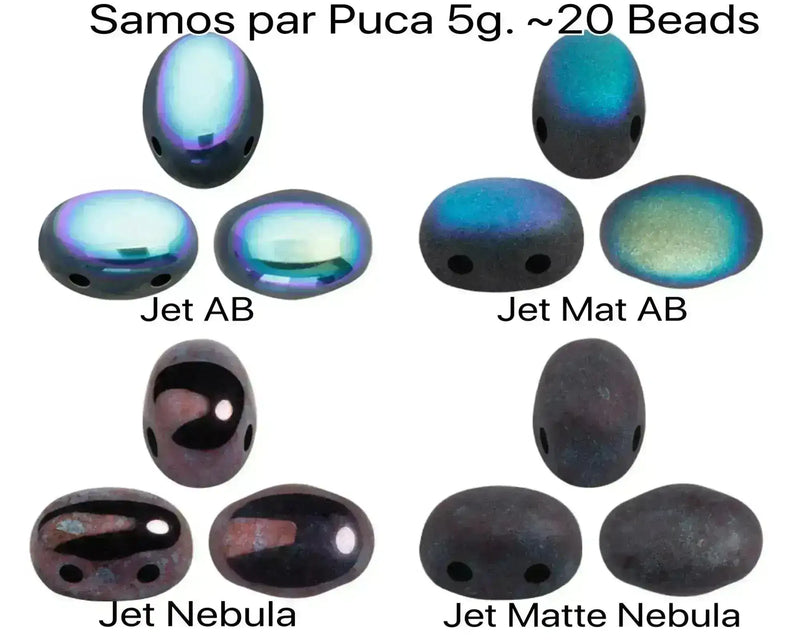 Collection of 2-hole beads labeled with names like Jet AB, Jet Mat AB, Jet Nebula, and Jet Matte Nebula on a white background.