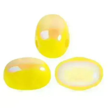 Three yellow 2-hole beads on a white background