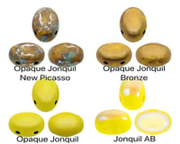 Collection of colored 2-hole samos beads labeled with names on a white background