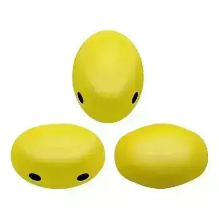 Three yellow oval-shaped 2-hole beads on a white background