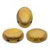 Three gold-colored 2-hole beads on a white background