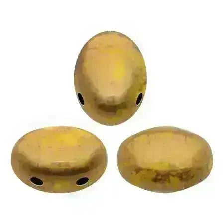 Three gold-colored 2-hole beads on a white background