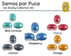 Color swatches for 'Samos par Puca Ice Slushy Collection #2' 2-hole beads with labels for Blue Curacao, Cherry, Blue Raspberry, Licorice, and Orange.