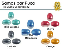 Color swatches for 'Samos par Puca Ice Slushy Collection #2' 2-hole beads with labels for Blue Curacao, Cherry, Blue Raspberry, Licorice, and Orange.