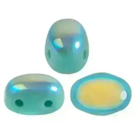 Three iridescent 2-hole beads on a white background