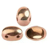 Three rose gold 2-hole beads with a metallic finish on a white background