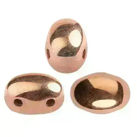 Three rose gold 2-hole beads with a metallic finish on a white background