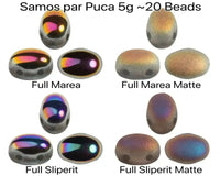 Collection of colorful beads labeled 'Full Marea', 'Full Marea Matte', 'Full Sliperit', and 'Full Sliperit Matte' with text indicating weight and quantity.