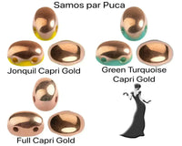 Set of metallic 2-hole beads with labels indicating colors and names on a white background.